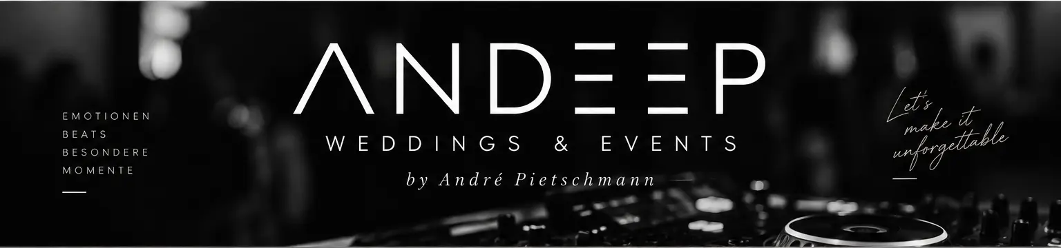 ANDEEP Weddings & Events auf einem Schwarz-Weiß-DJ-Motiv mit Controller
